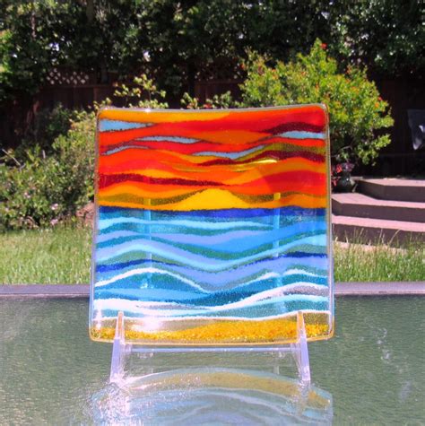 Fused Glass Beach Plate, Ocean Beach Sunset Dish, Turquoise Blue Sea Glass Art, Glass Romantic ...