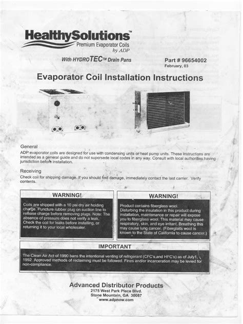 Evaporator Coil Installation Instructions 96654002 ADP | Engineering ...