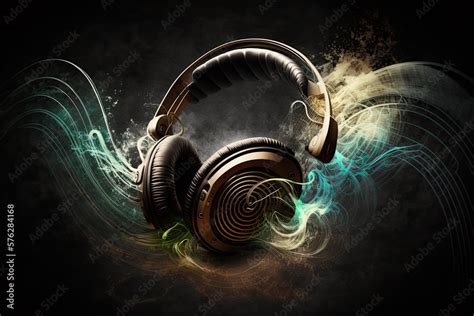 Dj set. Black music headphones and sound waves with glow. Music concept ...