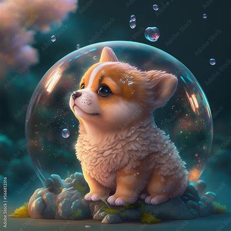 Fluffy heart melting cute animated dog puppy baby in a soap bubble ...