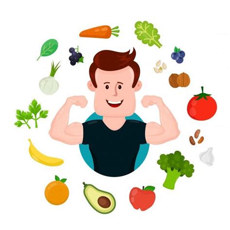 Premium Vector | Pumped-up sport fitness young man around vegetables and fruits. | Preschool ...