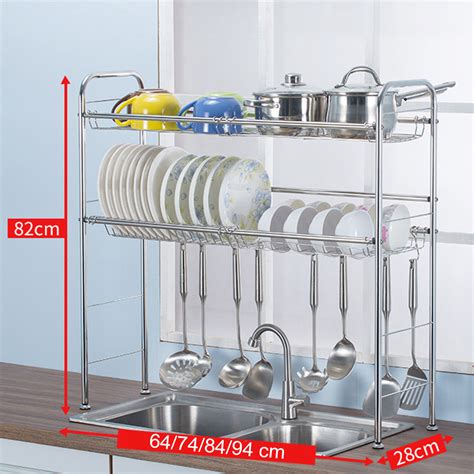 2 Tiers Stainless Steel Dishes Rack Dual Sink Drain Rack Adjustable ...