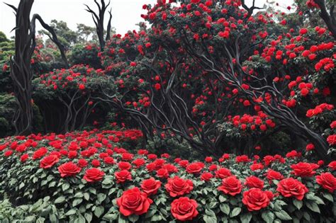 Premium AI Image | Garden with dark red roses