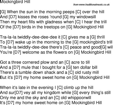 Old time song lyrics with guitar chords for Mockingbird Hill G