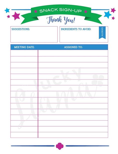 Printable Girl Scout Snack Sign-Up Sheet Editable Version | Etsy in 2021 | Girl scout leader ...