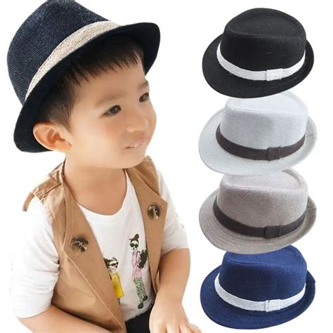 New Solid Color Baby Fedora Hats Linen Jazz Caps Children Top Hat Kids ...