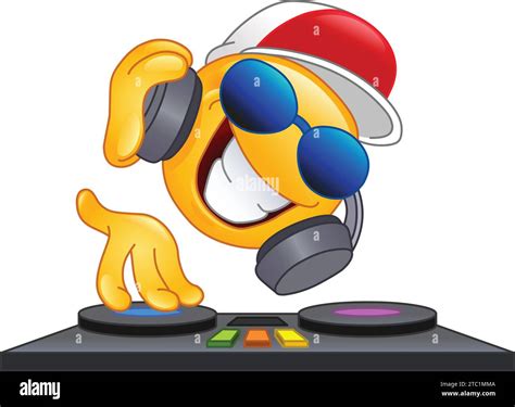 Happy DJ emoji emoticon with headphones and sunglasses, playing and mixing electronic music on ...