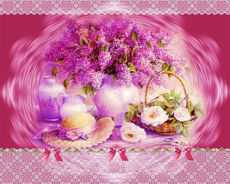 Impressions in Pink, still life, basket, flowers, blossoms, vase, roses ...