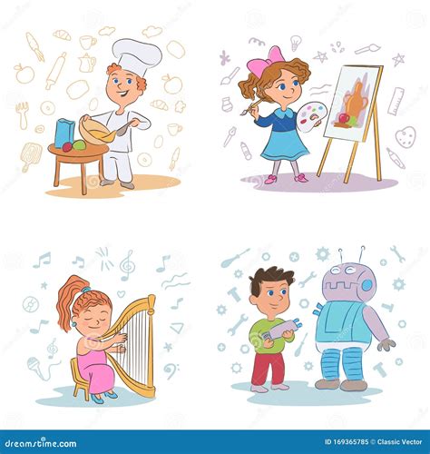 Kids Hobbies Cartoon Illustrations Set Stock Vector - Illustration of ...