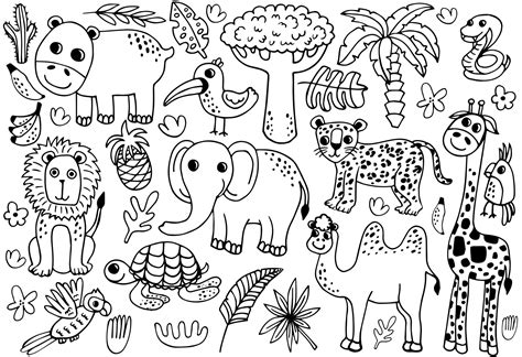 Outline wild safari animals vector illustration for coloring. Jungle ...