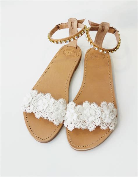 Bridal lace and pearls sandals, Wedding flat leather sandals, White lace flowers, Greek leather ...