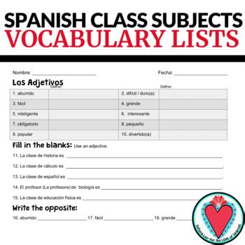 Spanish Classes VOCABULARY LIST by Senora Lee - for the LOVE of Spanish