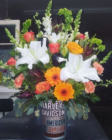 Harley Davidson memorial arrangement | Flowers, Table decorations, Arrangement