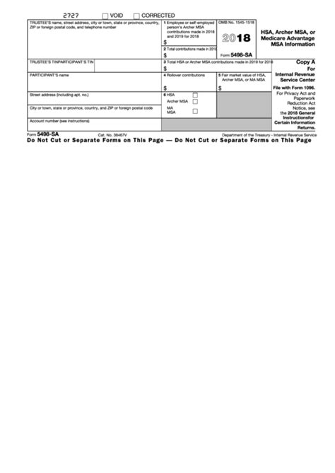 Fillable Form 5498-Sa - Hsa, Archer Msa, Or Medicare Advantage Msa ...