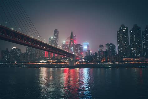 ChongQing, China, sky, bridge, river, skyscraper, night, lights, water ripples HD Wallpaper