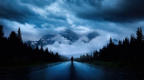 Download wallpaper 1920x1080 walking alone, road, mountains, silhouette ...