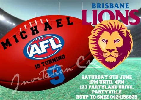 DIY PRINT CUSTOM AFL BRISBANE LIONS FOOTBALL FIELD Birthday Party Invitations $6.52 - PicClick