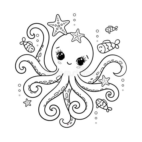 Cute Octopus. Black and White Linear Drawing. Vector Stock Vector ...