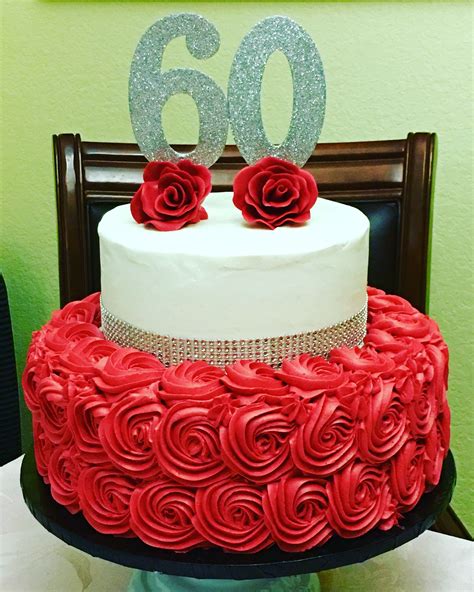 60th Birthday Cake, buttercream, red and silver, rosettes | 60th birthday cakes, Birthday cake ...