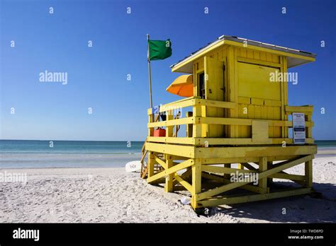 colorful lifeguard station on beautiful Siesta Key beach, Sarasota, Florida United States, top ...