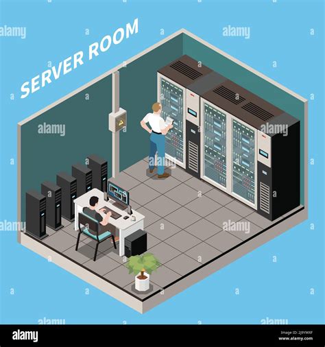 Isometric datacenter composition server room headline and engineers ...