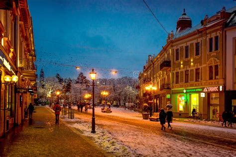 UZHHOROD, UKRAINE - December 02, 2019: Petefi Square after Reconstruction Covered with Snow in ...