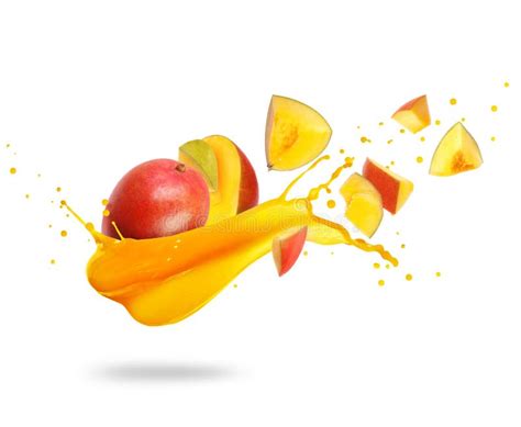 Mango With A Splash Of Mango Juice Isolated On White Background Stock ...