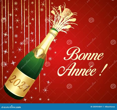 Red and Gold French Greeting Card 2021 Happy New Year with Uncorked Bottle of Champaign. Vector ...