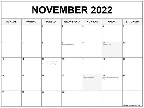 November 2022 with holidays calendar