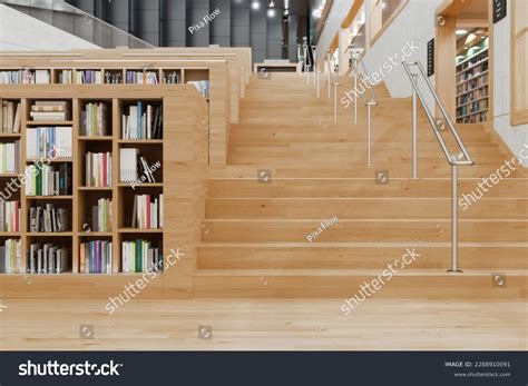 Modern Library Interior Wooden Staircase Bookshelves Stock Illustration ...