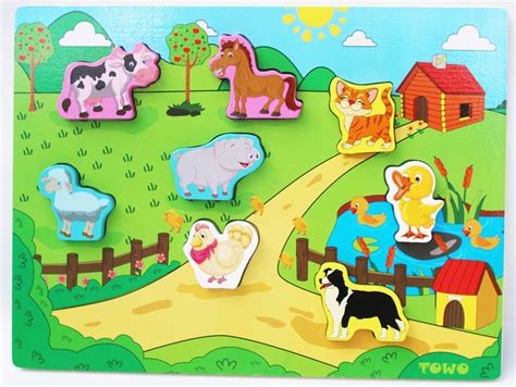 Wooden Animal Puzzles - Shinnington Farm Animals Peg Puzzles Inset Chunky Size - Wooden Jigsaw ...