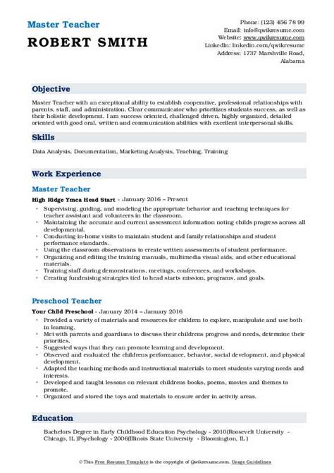 Master Teacher Resume Samples | QwikResume