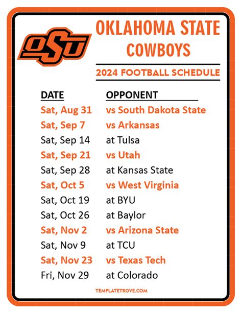 Printable 2024 Oklahoma State Cowboys Football Schedule