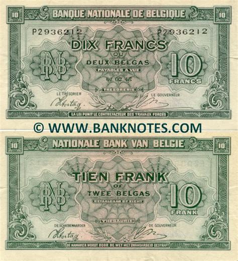 Belgium 10 Francs = 2 Belgas 1943 (1944) - Belgian Currency Bank Notes ...