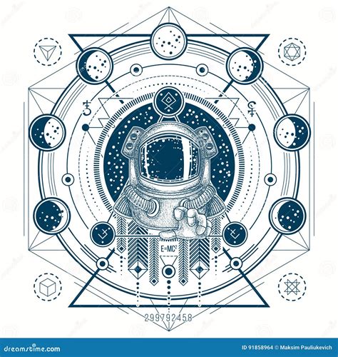 Vector Sketch Of A Tattoo With Astronaut In A Space Suit And Moon Phases Stock Vector ...