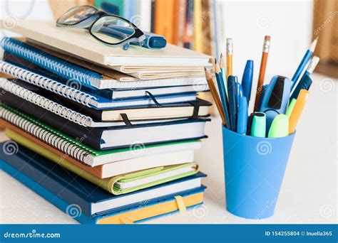 Notebooks Piles, Stack of Books Education Back To School Background, Textbooks, Glasses and ...