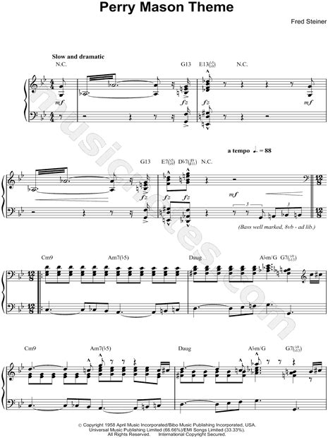 Fred Steiner "Perry Mason Theme" Sheet Music (Piano Solo) in Bb Major ...