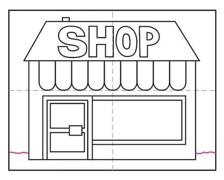 Easy How to Draw a Shop Tutorial and Shop Coloring Page