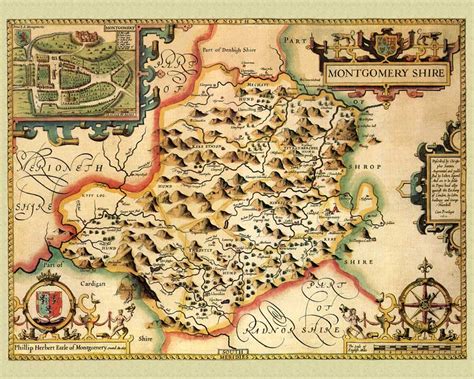 Speed map Montgomeryshire, Wales, John Speed 1610