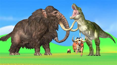 Woolly Mammoth Vs Dinosaur T-rex Fight Giant Bull Saved by Elephant ...