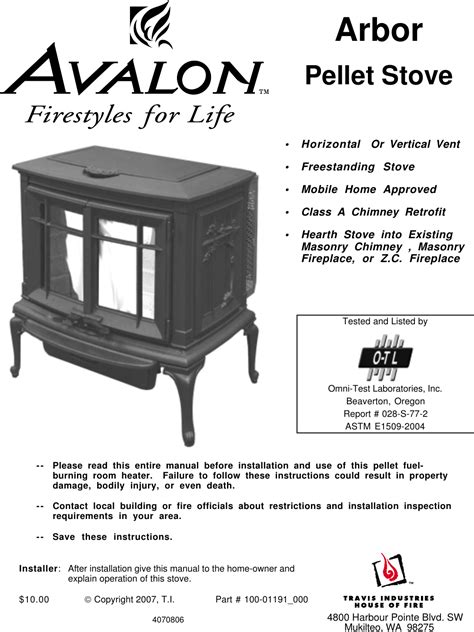 Avalon Stoves Arbor Ps Users Manual