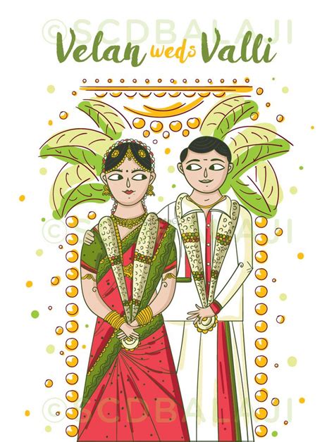 Photo of South Indian caricature wedding card with bride and groom cartoons