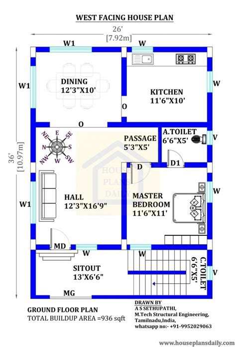 West Facing Plan |Simple Floor Plan | 4 Bedroom Plan - House Designs ...