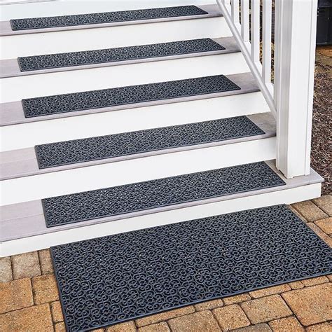 Set of 3 Outdoor Rubber Stair Treads 10 x 48 Black Medallion For Outdoor Steps - Stair Treads