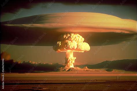 Nuclear bomb explosion mushroom cloud vintage photo. Atomic war concept art. Generative AI Stock ...