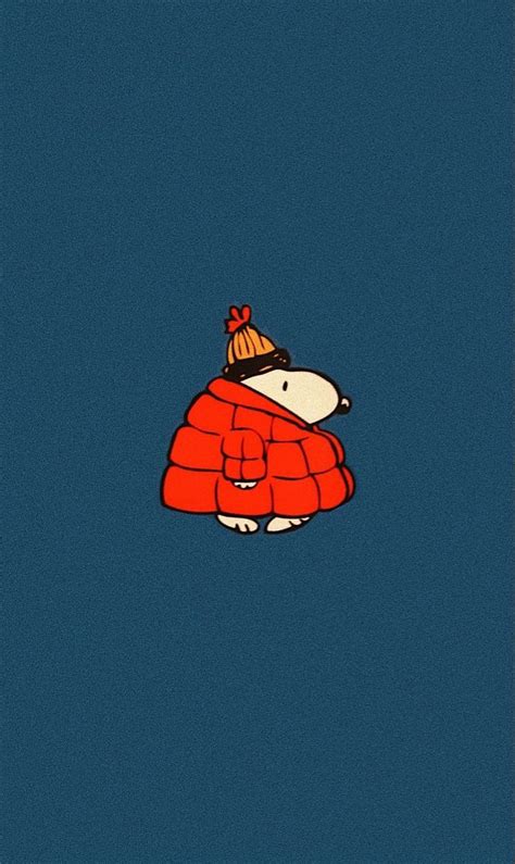 Snoopy in a red puffer jacket on solid blue background - winter phone ...