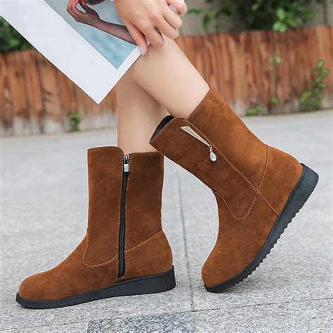 2018 Women Winter Boots Rhinestone Flat Booties Suede Mid Calf Ankle Boots Height Increasing ...