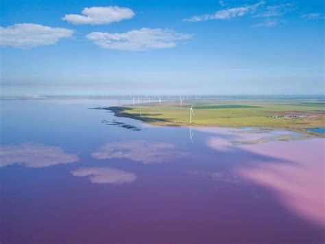 Premium Photo | Amazing aerial view of windmills near the pink lake