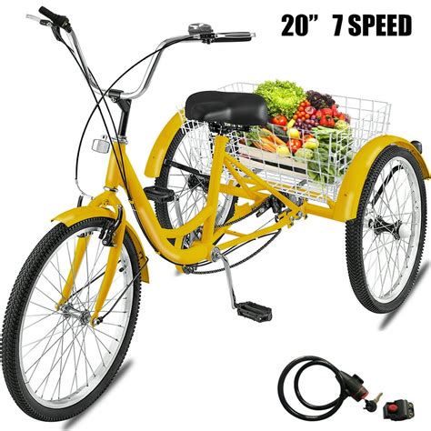 VEVOR Adult Tricycle 20 inch, Three Wheel Bikes 7 Speed, Yellow ...