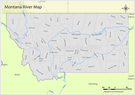 a map of the state of montana with rivers and lakes highlighted in red, blue or green